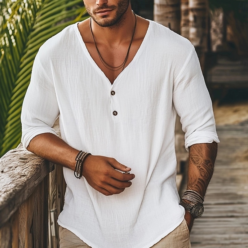 Men's Tee Top Long Sleeve Shirt Linen-Like T-shirt Long Sleeve V Neck Summer All Seasons Solid Color Plain Daily Casual Street Style Button Front Plain Outdoor Street Causal Black White Blue Top Tee