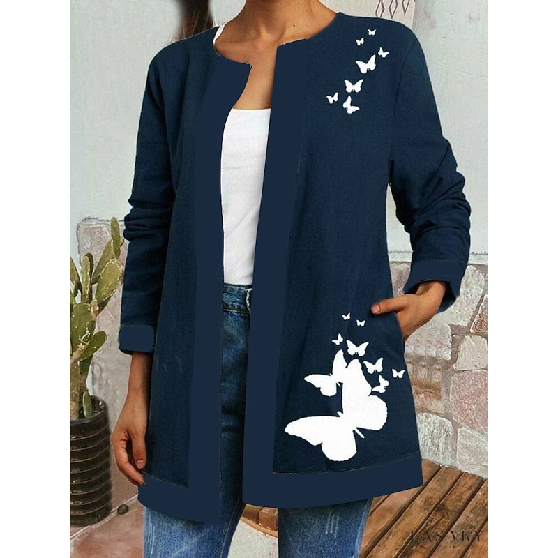 Women's Casual Lightweight Coat Open Front Work Print Geometric Comfortable Boho Vintage Regular Fit Long Sleeve With Pocket Outerwear Long Sleeve Fall Lake blue S3