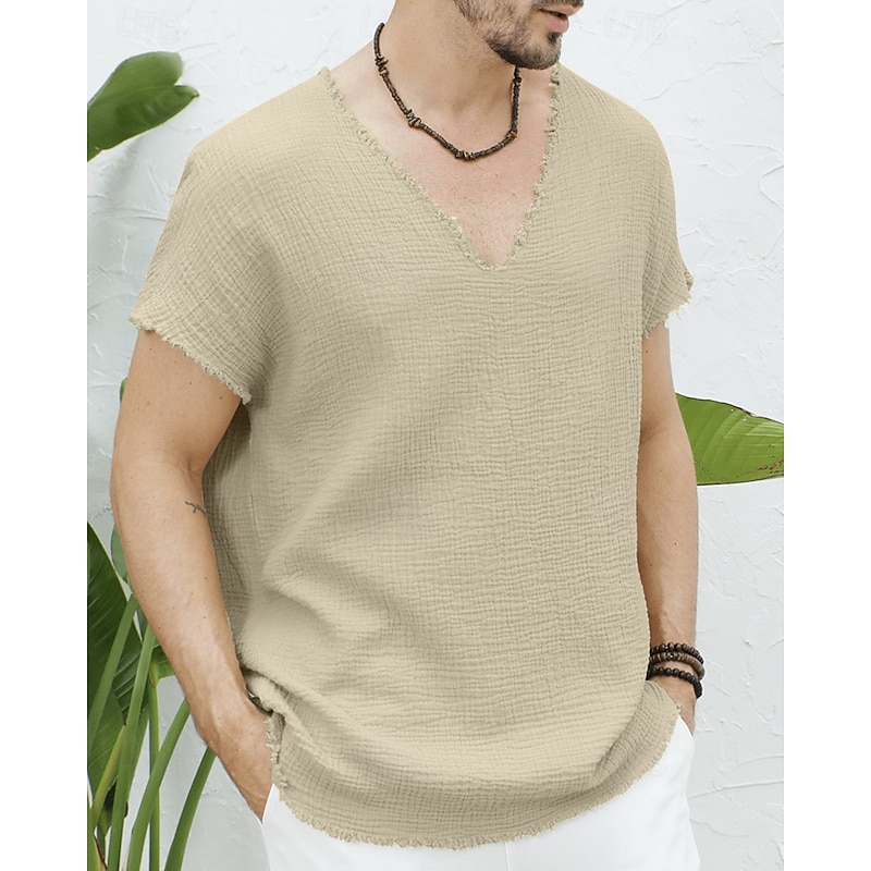Men's T Shirt Tee Short Sleeve Shirt Tee Top Short Sleeve V Neck Summer Plain Fashion Designer Basic Pleats Vacation Street Going out White Khaki Top Tee for Men