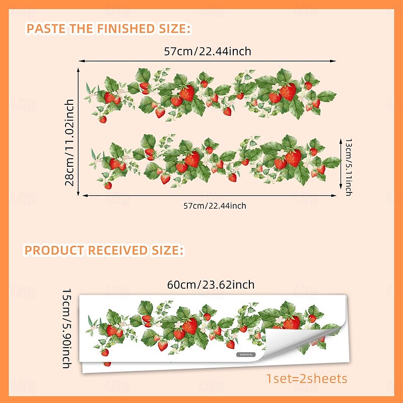 Fresh Strawberry and Floral Vine Wall Sticker, Self-Adhesive Decorative Wall Decal for Living Room, Kitchen, and Bedroom Background Decoration2