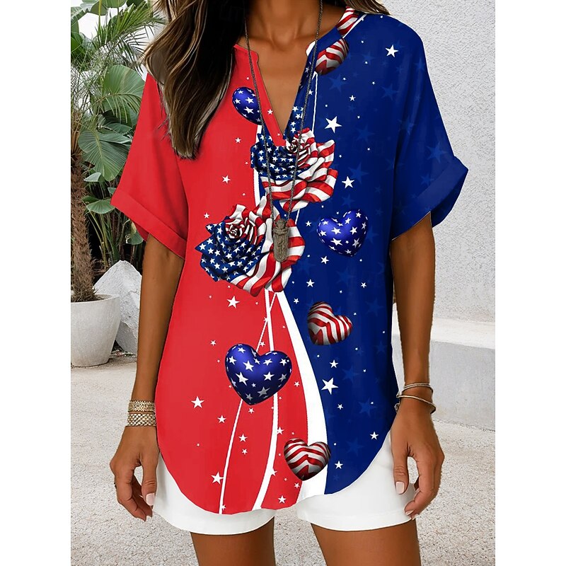 Women's Patriotic  Blouse Graphic Flag Vintage Daily Stylish Short Sleeve V Neck Regular Tops Daily Holiday Denim Blue Red Blue Dusty Blue Summer Spring3