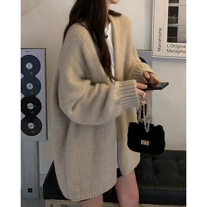 Women's Cardigan Casual Soft Solid Color Ribbed V Neck Knitted Long Sleeve Regular Tops Knit Holiday Going out Weekend Apricot Gray Fall4