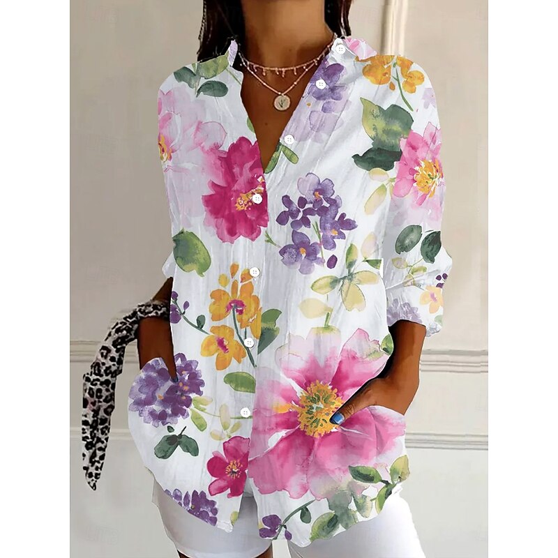 Women's Shirt Button Down Tunic Shirt Collar Long Sleeve Floral Graphic Vintage Tropical Daily Regular Tops Work Daily Holiday s Print Pink Spring Fall