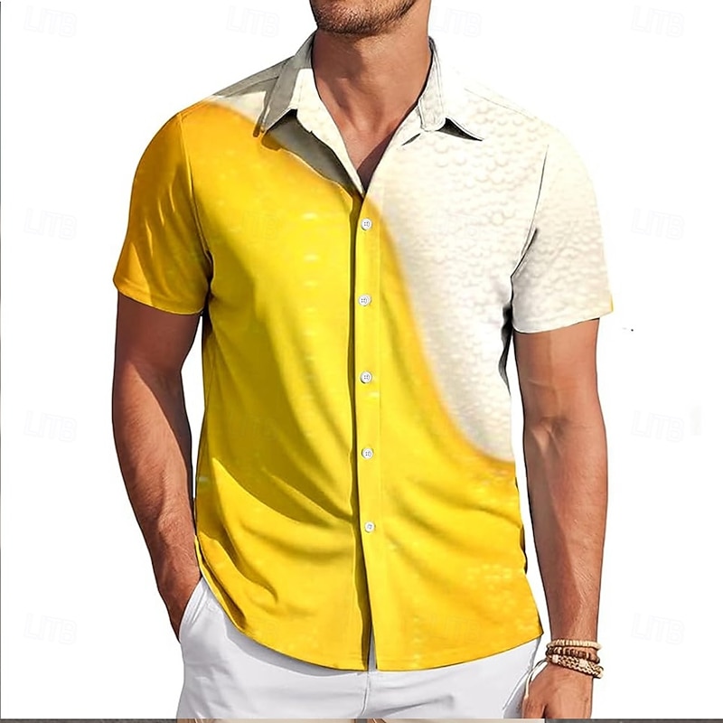 Men's Optical Illusion Oktoberfest Beer Shirt Summer Shirt Button Up Shirt Short Sleeve Hawaiian Outdoor Holiday Summer Spring Turndown 3D Print Collared Shirts Black Yellow Orange2