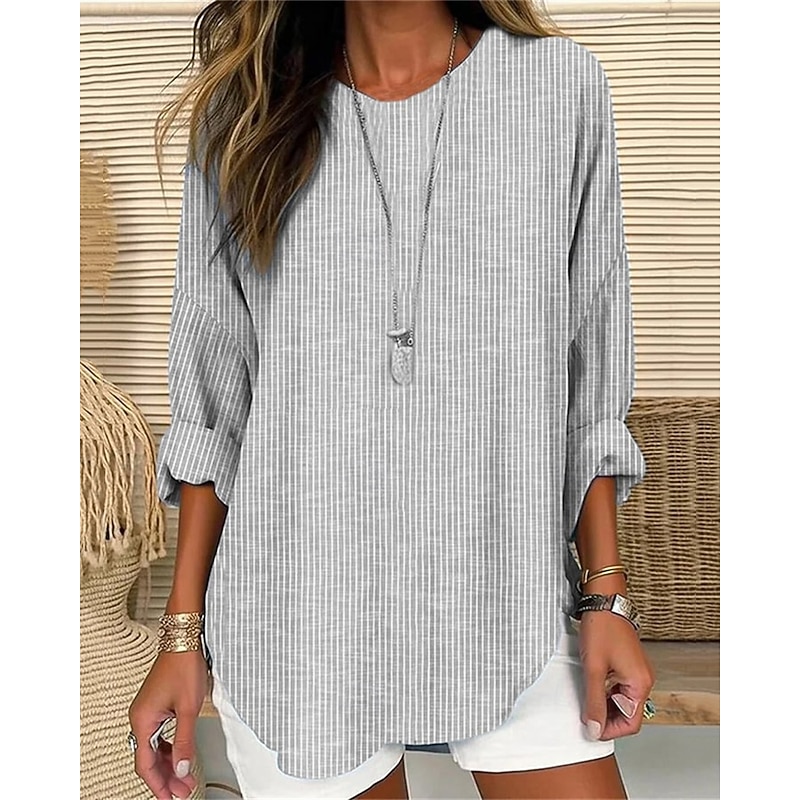 Women's T Shirt Tee Top Striped Fashion Modern Long Sleeve Crew Neck Regular Tops Daily Blue Gray Summer Spring