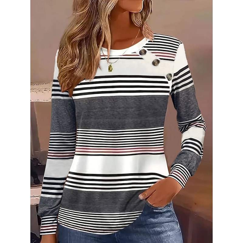 Women's Shirt Striped Stylish Casual Long Sleeve Crew Neck Regular Tops Daily Buttons Print Red Green Gray Spring Fall Prefall