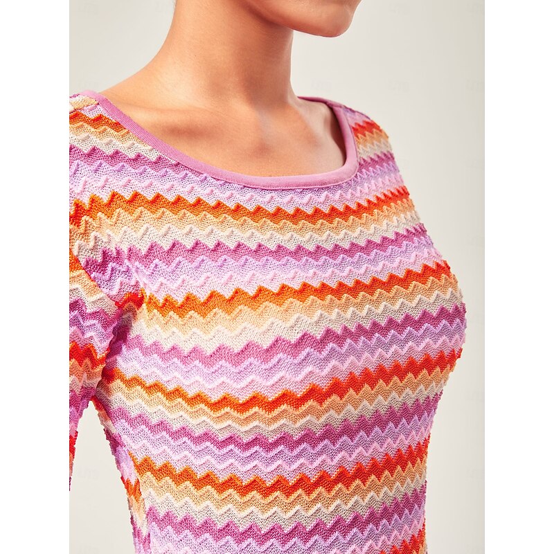 Women's Elegant Rainbow Wave Stretch Knit Fitted Mini Dress Chic Bodycon Style with Colorful Flair3