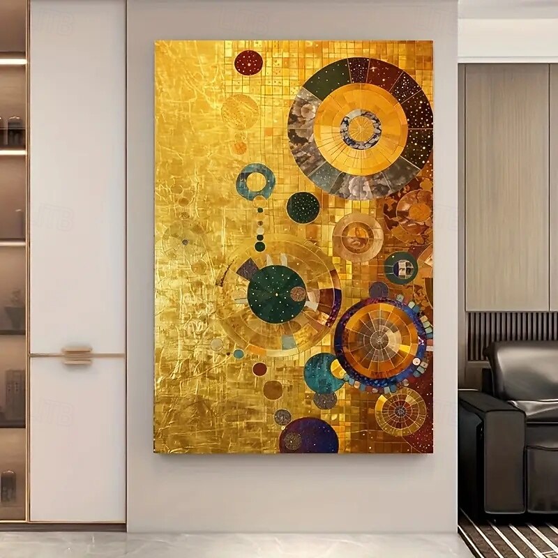Large Frameless Gold Circle Abstract Canvas Wall Art - Modern Geometric Painting Gold Blue Green and Multicolor for Living Room and Bedroom Decor Large Canvas Wall Art