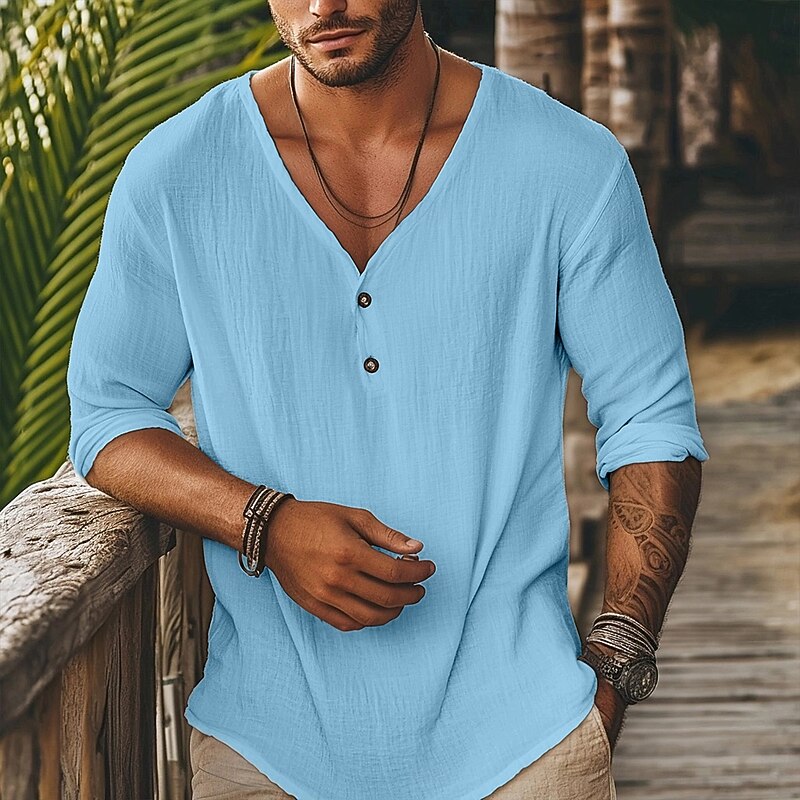 Men's Tee Top Long Sleeve Shirt Linen-Like T-shirt Long Sleeve V Neck Summer All Seasons Solid Color Plain Daily Casual Street Style Button Front Plain Outdoor Street Causal Black White Blue Top Tee2