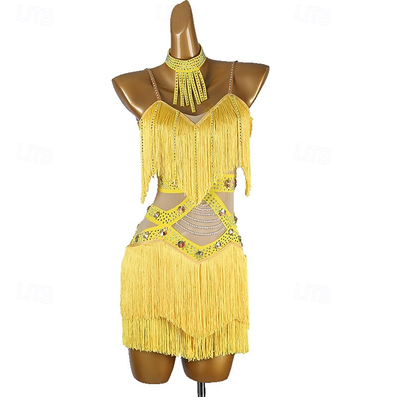 Latin Dance Dress Rhinestone Tassel Splicing Women's Performance Training Sleeveless Chinlon Mesh Spandex