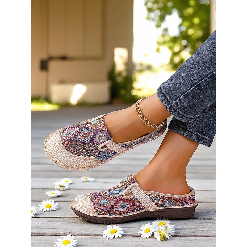 Women's Ethnic Slip-On Mules – Vintage-Inspired Comfortable Flats for Garden Walks, Nature Travel and Boho Outfits