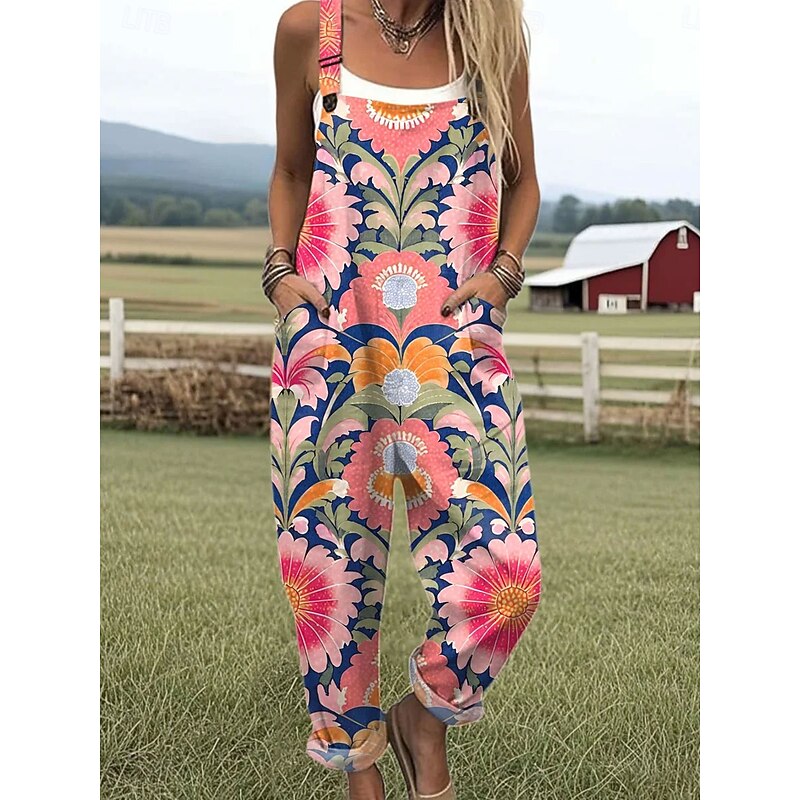Women's Dungarees Active Floral Sleeveless Straight with Pocket Vacation Daily Loose Fit Yellow Pink Blue Summer3