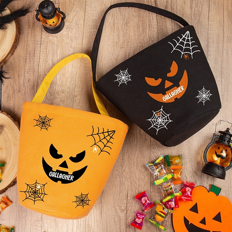 Personalized Name Halloween Treat Bag for Kids, Custom Jute Candy Tote Bag Basket for Trick or Treat, Funny Gift Sack with Handle, Creative Halloween Party Favor Bag for Boys Girls4
