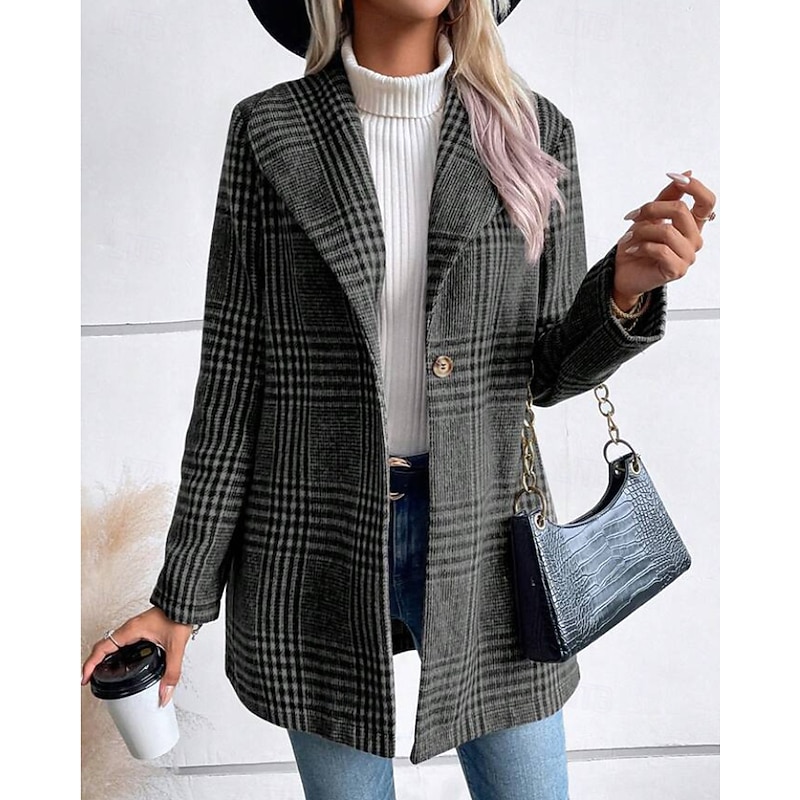 Women's Coat Warm Comfortable Buttons Casual Plaid Outdoor Holiday Single Breasted Regular Turndown Regular Fit Long Sleeve Outerwear Red Camel Gray Fall Winter