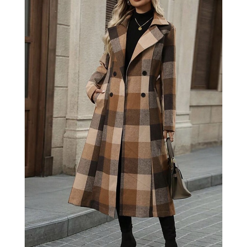 Women's Coat Trench Coat Warm Comfortable Buttons Pocket Fashion Modern Plaid Vacation Going out Double Breasted Long Turndown Regular Fit Long Sleeve Outerwear Coffee Fall Winter4