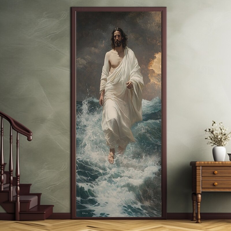 Jesus Door Decorations Door Covers Jesus Walk on Water Faith Nativity Door Tapestry Door Curtain Decoration Backdrop Indoor/Outdoor Door Banner for Front Door Office Door4