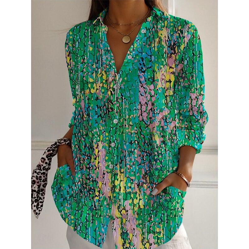 Women's Shirt Floral Active Daily Stylish Long Sleeve Shirt Collar Regular Tops Daily Holiday Buttons Print Red Blue Fuchsia Green Spring Fall2