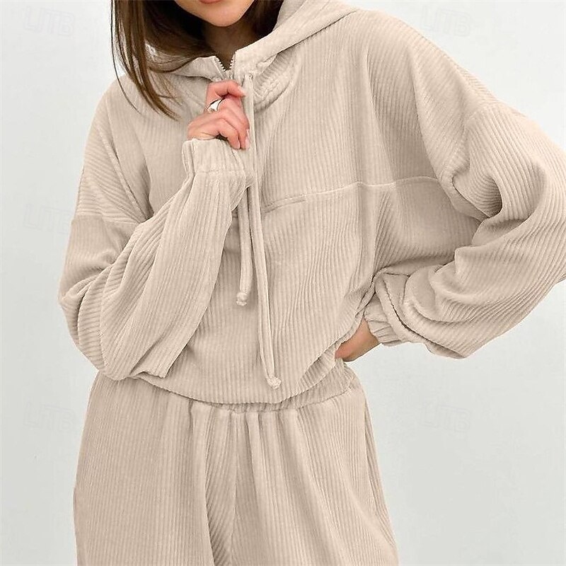 Women's Tracksuit Sweatpants Hooded Jacket Zipper Pocket Solid Colored Clothing Suit Fall Light Grey Apricot Corduroy Gym Workout Sports Windproof Long Sleeve Sport Activewear Micro-elastic Regular