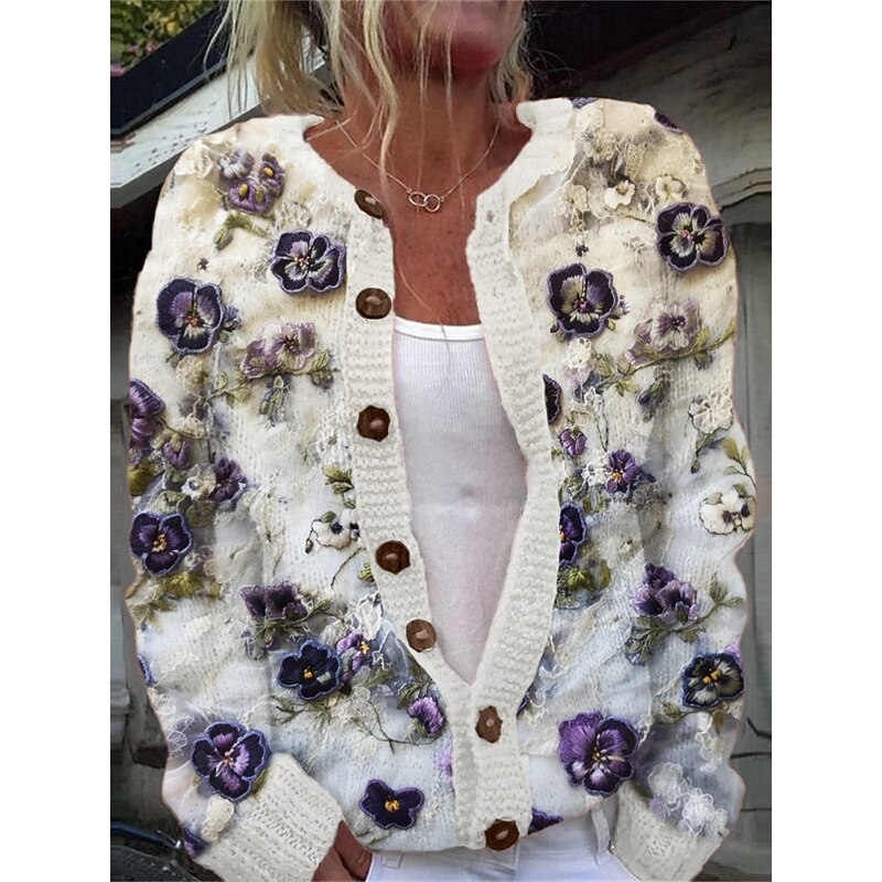 Women's Cardigan Sweater Knitted Ribbed Button Front Round Neck Long Sleeve Lightweight Elegant Fashion Streetwear Floral Crew Neck Print  Knit Outdoor Daily Weekend White Blue Fall Winter
