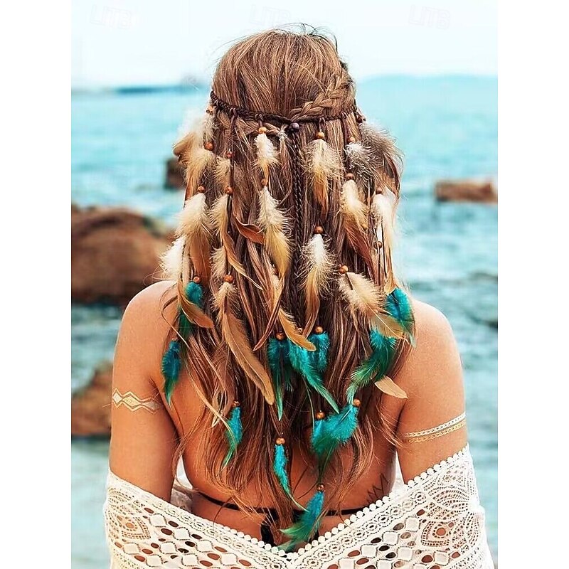 Boho Feather Headband Hippie Headpiece Gypsy Indian Costume Headdress Bohemian Hair Accessories for Women and Girls A Blue Red4