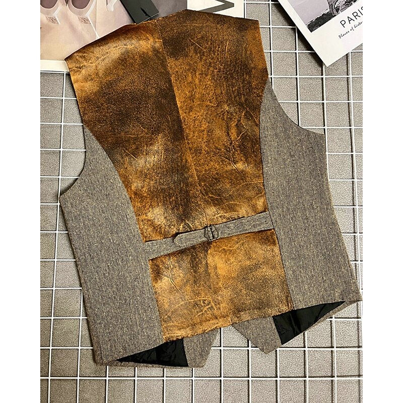 Men's Vest Waistcoat Gilet Vacation Party Business Fashion Casual Summer Spring Pocket Buttons Polyester Comfortable Color Block Single Breasted One-button V Neck Regular Fit Coffee Vest2