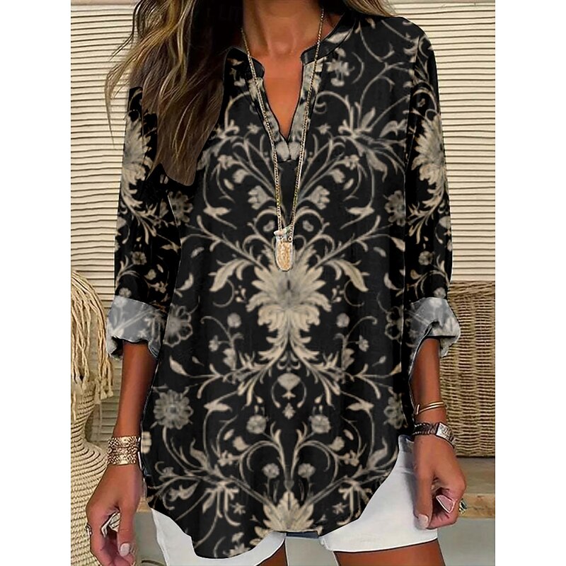 Women's Blouse Floral Stylish Modern Long Sleeve V Neck Regular Tops Daily Holiday Print Black White Gold Green Summer2