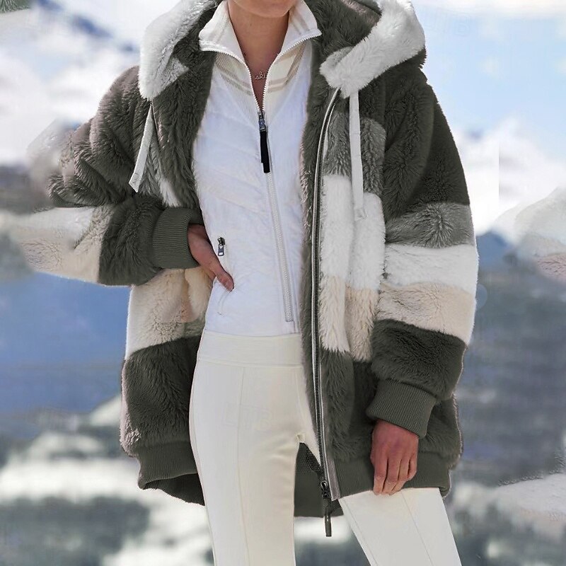 Women's Teddy Coat Warm Comfortable Zipper Outdoor Casual Plaid Daily Going out Casual Daily Weekend Zipper Regular Hooded Regular Fit Long Sleeve Outerwear Black Brown Army Green Fall Winter3