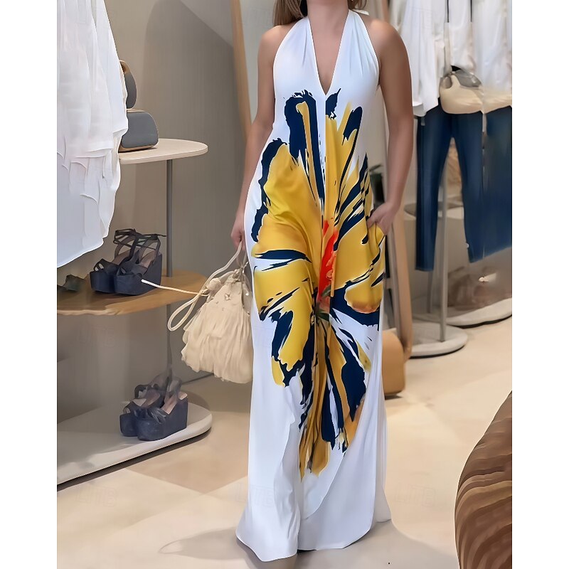 Women's Long Dress Maxi Dress Print Dress Classic Modern Outdoor Vacation Going out Regular Fit Flower Sleeveless Halter Neck White Summer