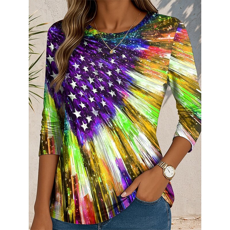 Women's Patriotic T Shirt Graphic Flag Abstract Vintage Stylish Classic  Round Neck Regular Tops Daily Print Blue Purple Green Fall3