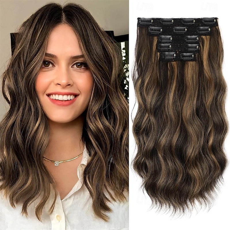 Clip in Hair Extensions 6PCS Short Synthetic Hair Extensions Soft Wavy Curly Hairpieces Balayage Highlights Color for Women 14Inch