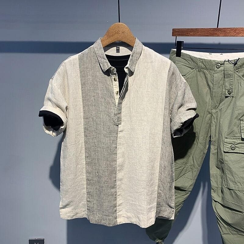 Men's Shirt Linen Shirt Popover Shirt Casual Shirt Cotton Shirt Color Block Vacation Street Apricot Gray Short Sleeve Turndown Summer Clothing Apparel Patchwork