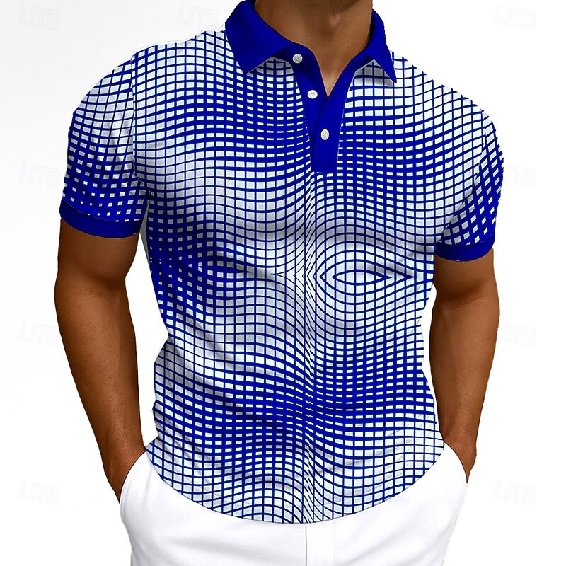 Men's Optical Illusion Geometic Polo Short Sleeve Polo Collar Casual Daily Modern Street Style Sports & Outdoor Athleisure Casual Daily Buttons 3D Print Summer Robin's Egg Blue Grey Green