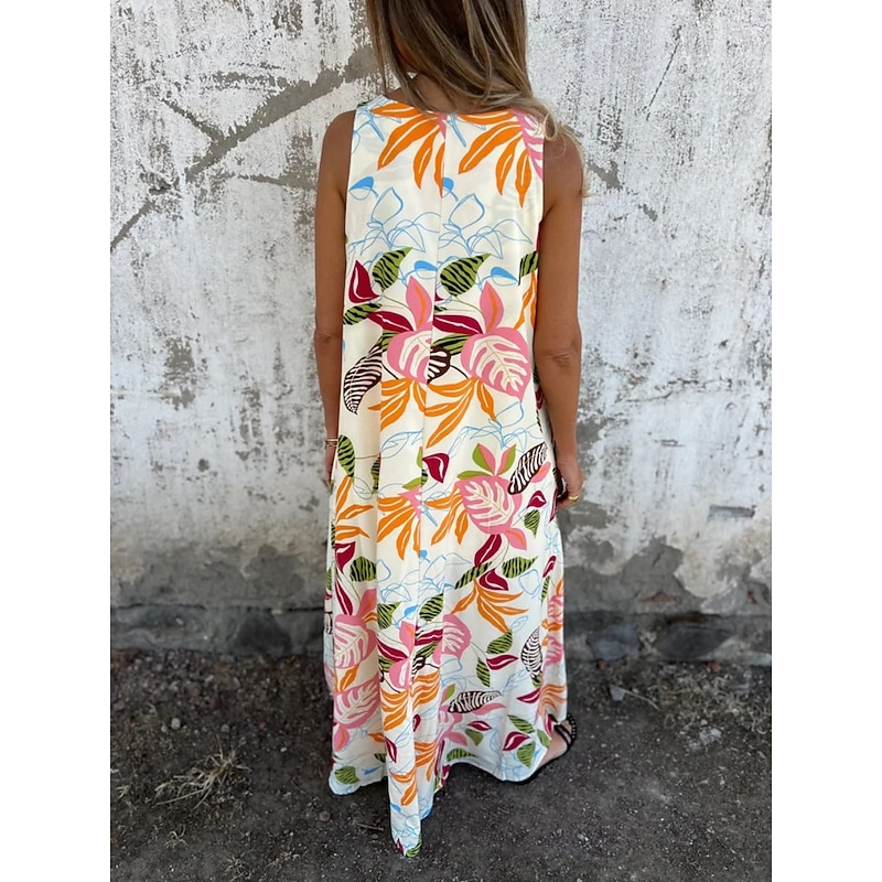 Women's Maxi Dress A Line Dress Slip Dress Vacation Casual Boho Outdoor Going out Regular Fit Floral Sleeveless V Neck Blue Apricot Beige Summer3