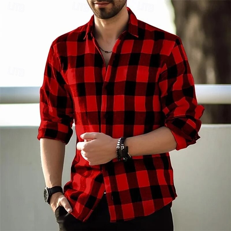 Men's Geometric Grid / Plaid Shirt Button Up Shirt Casual Dress Shirt Long Sleeve Fashion Casual Office Dailywear Spring Fall Turndown 3D Print Linen Like Shirt Black Red Navy Blue Blue3