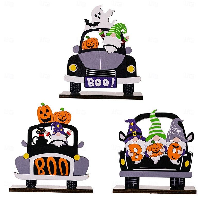 Halloween Wooden Pumpkin Gnome BOO Car Ornament, Ghost Festival Rustic Tabletop Decoration, Spooky Holiday Home Decor2