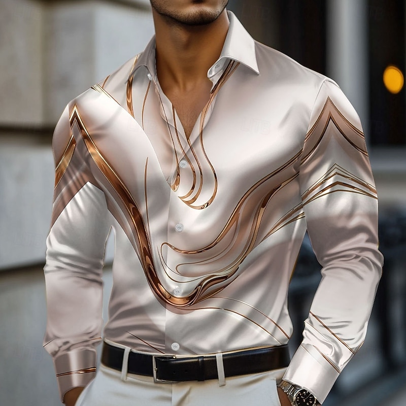 Men's Marble Abstract Liquid Art Satin Shirt Dress Shirt Long Sleeve Fashion Casual Vacation Holiday Summer Spring Fall Turndown Collared Shirts 3D Print Button Up Shirts Pink Blue Gold Green Gray