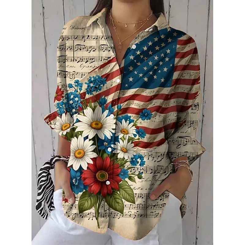 Women's Patriotic Shirt Graphic Flag Vintage Tropical Stylish Regular Tops Work Daily s Print Maroon Black White Yellow Blue Fall2