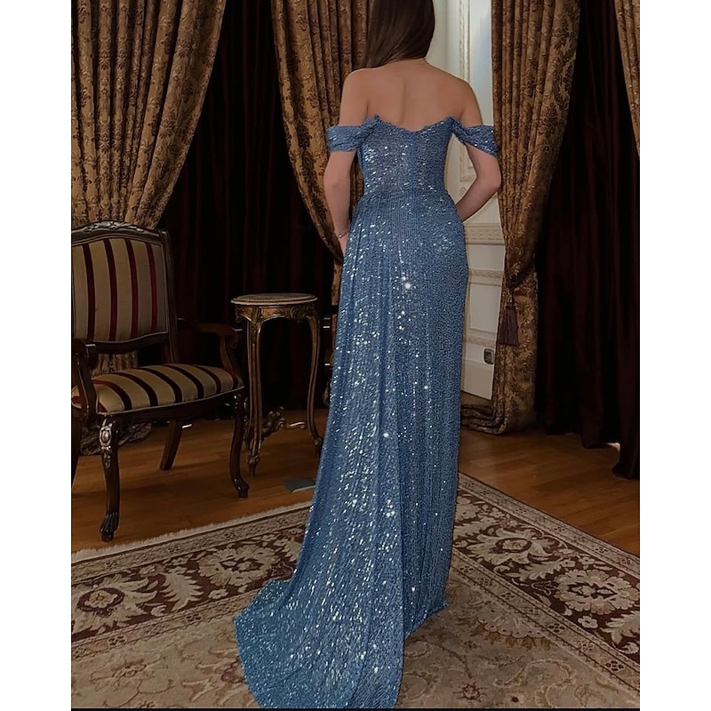 Black Tie Mermaid / Trumpet Glitter Evening Gown Elegant Dress Formal Wedding Sweep / Brush Train Short Sleeve Off Shoulder Stretch Sequined with Drapes and Slit3