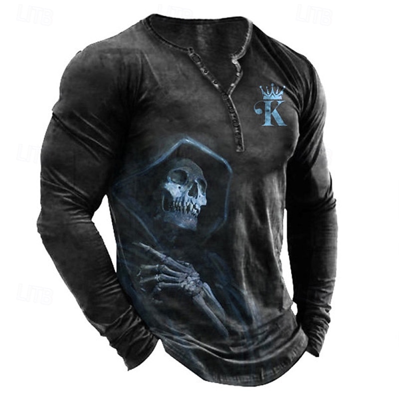 Men's T shirt Tee Henley Shirt Tee Graphic Skull Henley Black White Blue Green Gray 3D Print Plus Size Outdoor Daily Long Sleeve Button-Down Print Clothing Apparel Designer Stylish Vintage Basic2