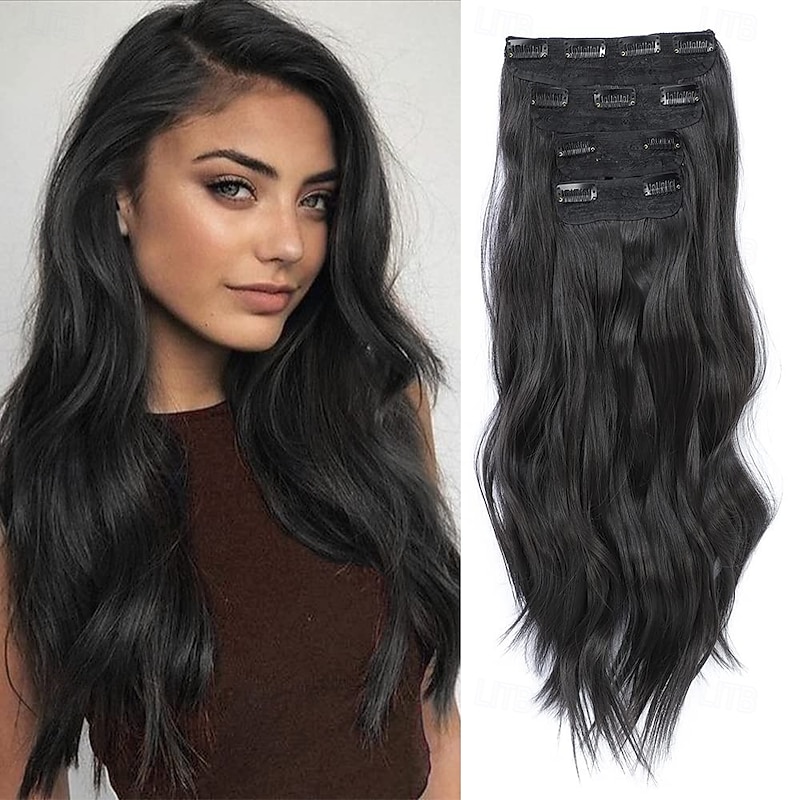 4PCS Clip in Hair Extensions 20Inch Black Hair Extensions Long Wavy Hair Extensions Clip ins Synthetic Thick Hair Piece for Women