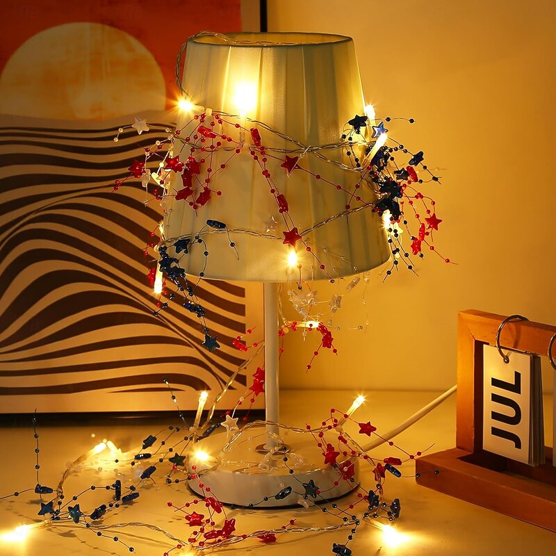 1 Pc 3M-30 LED Bead American July 4th Independence Day Red, White, Blue Star Decorative Light String Indoor Party Party Patriotic Theme Decorative Light AAA Battery Box2