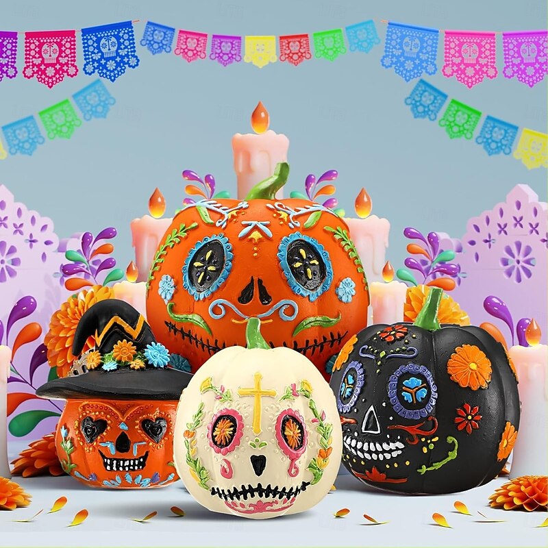 4pcs Halloween Pumpkin Figurines - Resin Table Decorations for Holiday Party4