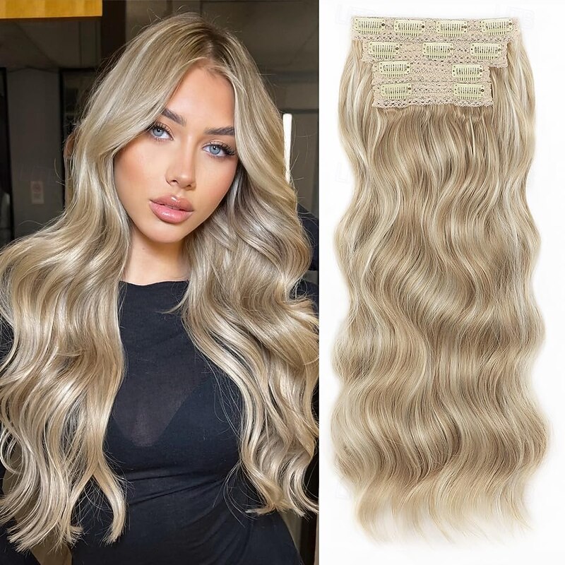 Hair Extensions 4PCS Clip in Hair Extensions20 Inches Beach Blond Long Wavy Natural Soft Synthetic Hairpieces for Women