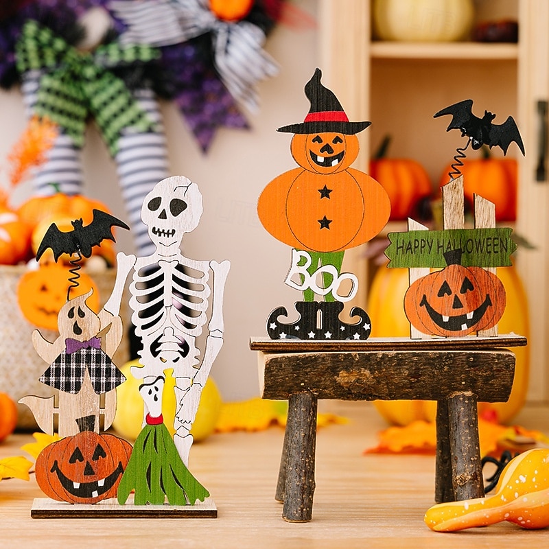 2pcs Halloween Wooden Skeleton Tabletop Decoration, Springy Skull with Pumpkin and Bat, Spooky Desktop Ornament for Halloween Party Decor3