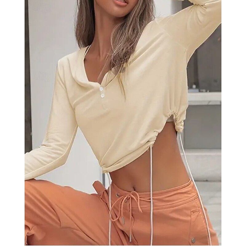 Women's Track Top Running Shirt Drawstring Long Sleeve Top Athleisure V Neck Solid Colored Wick Moisture Tennis Golf Running Sportswear Activewear Apricot White Gray4