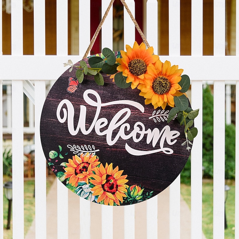 Sunflower Welcome Wood Door Hanger, Seasonal Front Door Sign for Spring Summer Fall, Rustic Hanging Porch Decor for Home