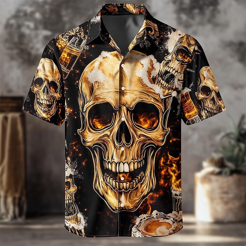 Men's 3D Oktoberfest Beer Skulls Shirt Summer Shirt Button Up Shirt Short Sleeve Vintage Retro Outdoor Holiday Summer Spring Turndown 3D Print Collared Shirts Black 1 Black Orange2