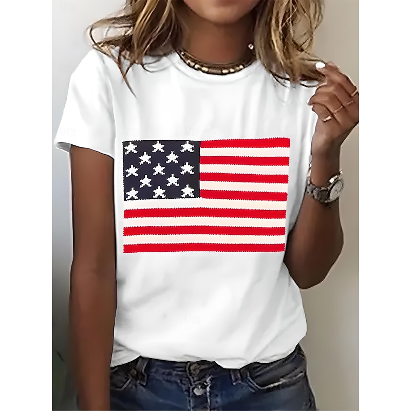 American Women's T Shirt Graphic Flag National Flag Vintage Stylish Classic Short Sleeve Crew Neck Round Neck Regular Tops Daily Print Black White Pink Blue Purple Summer Spring - Main Image
