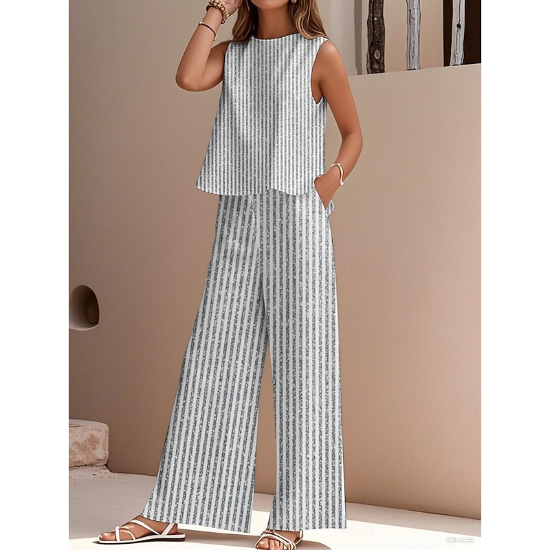 Women's Elegant Fashion Streetwear Two Piece Sets Blouse Vest Pants Trousers Sleeveless Crew Neck Outdoor Work Casual Striped Print Vacation Daily Holiday White Purple Green Summer Regular Fit