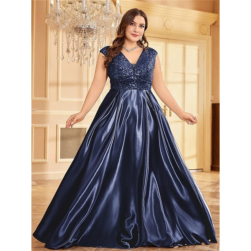 A-Line Plus Size Dresses Elegant Curve Dress Formal Wedding Floor Length Short Sleeve V Neck Satin Backless with Pleats4